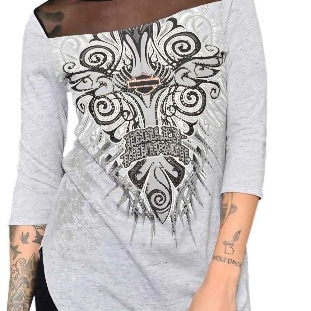Harley-Davidson Gray Long Sleeve Top with Graphic Design
